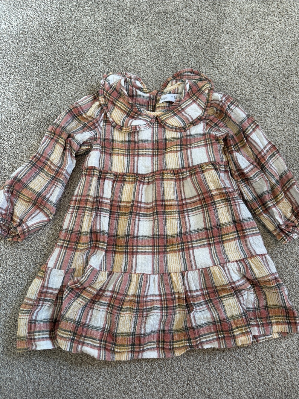 Zara Plaid Ruffle Dress in Rust, Cream & Mustard